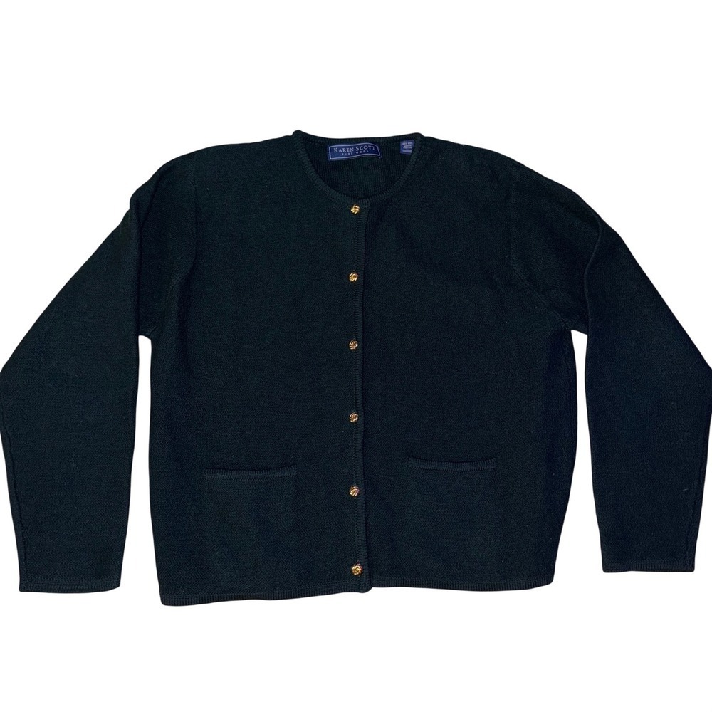 Karen Scott Wool Cardigan‎ Sweater Button Front Pockets Deep Teal Size L